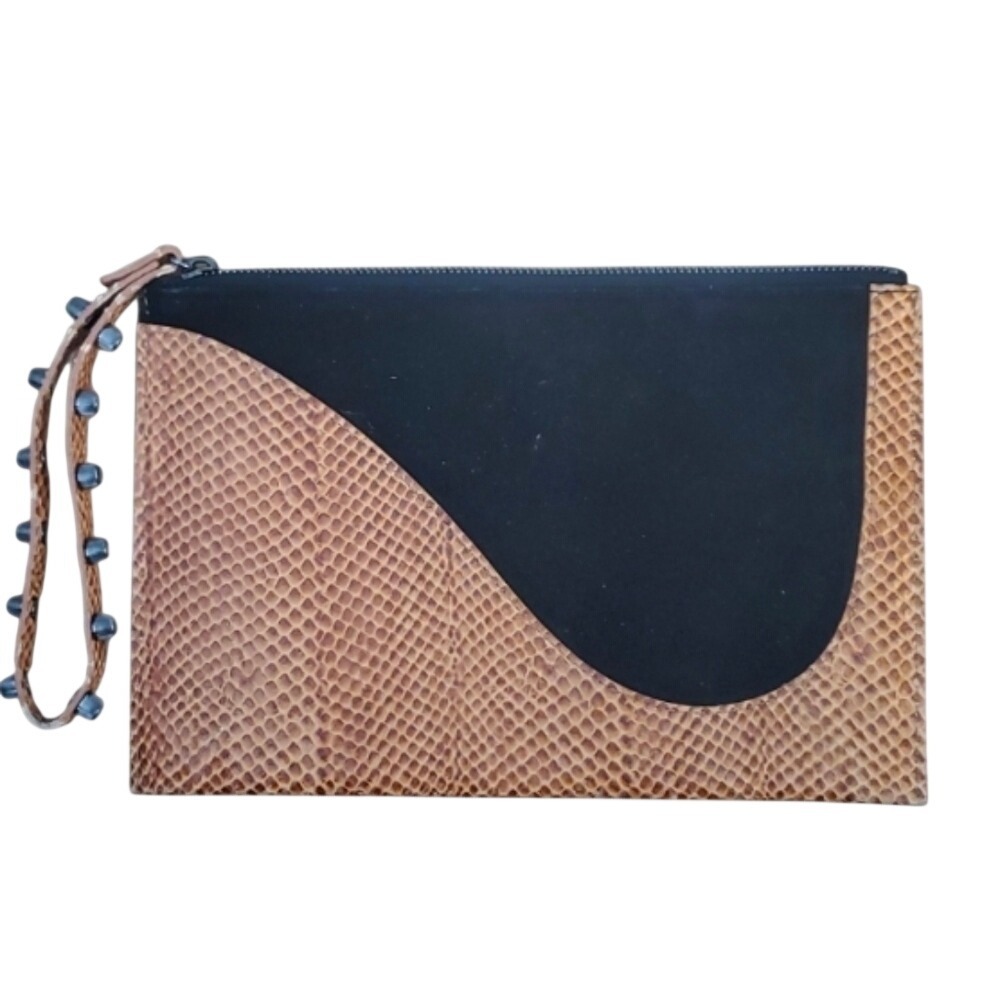 Leifsdottir Tan Snakeskin And Black Suede Zip‎ Clutch With Studded Handle